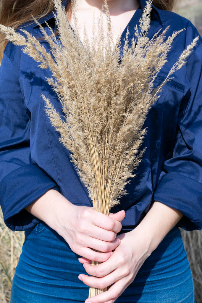 Brillante foto vertical de ramo de hierba seca de otoño en manos de mujeres jóvenes. Concepto de otoño que viene  - Foto, imagen