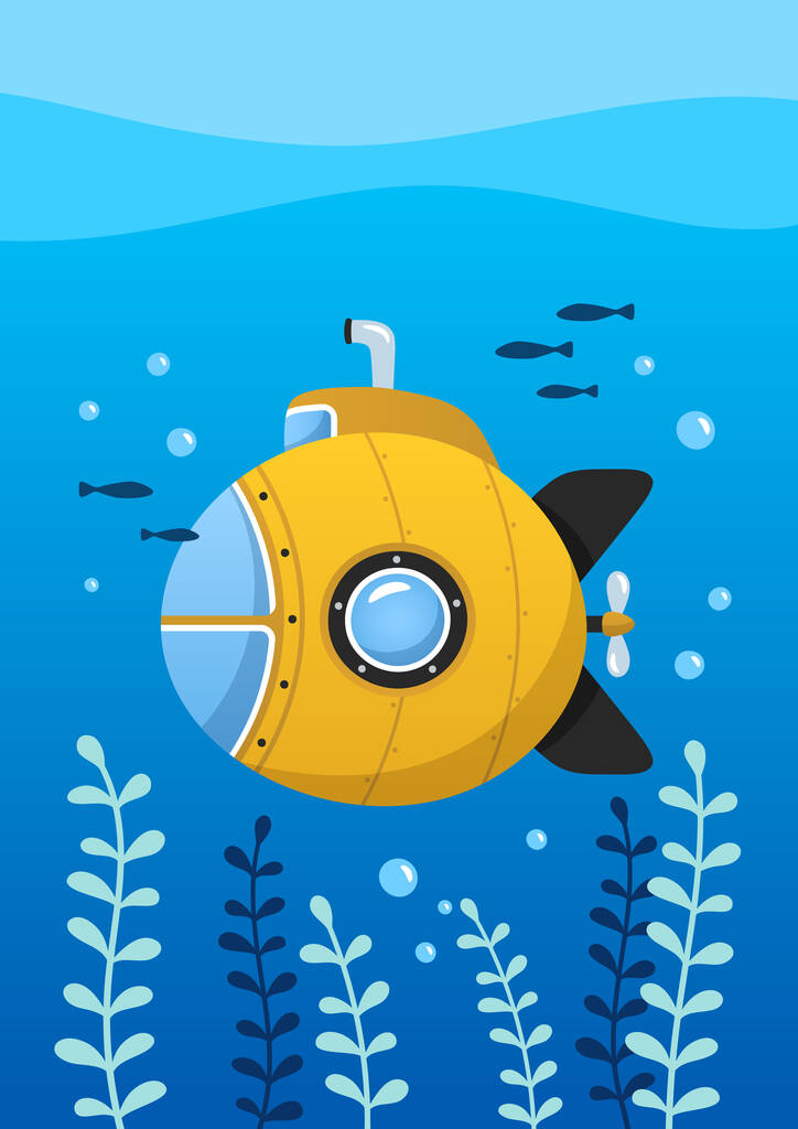 Gelbes U-Boot unter Wasser mit Fischen, Unterwasserschiff. Plakat für Babyzimmer. Kindlicher Druck für das Kinderzimmer. Design kann für Grußkarte, Einladung, Babydusche verwendet werden. Vektorillustration. - Vektor, Bild