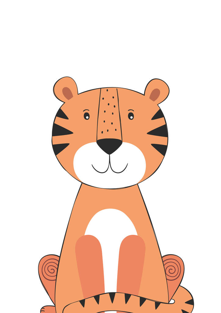 Tiger niedliches Doodle handgezeichnete Cartoon-Figur. Plakat für Babyzimmer. Kindlicher Druck für das Kinderzimmer. Design kann für Kinderbekleidung, Grußkarte, Einladung, Babydusche verwendet werden. Vektorillustration. - Vektor, Bild