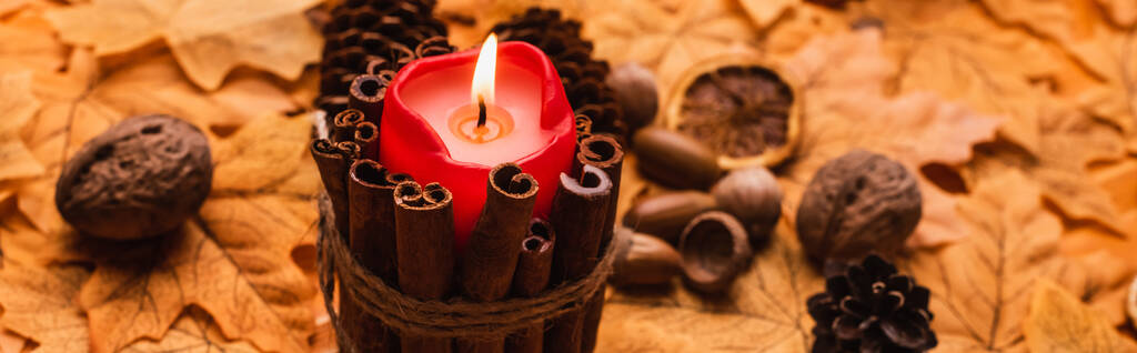 selektiver Brennpunkt brennender Kerze mit herbstlicher brauner Dekoration auf goldenem Laub, Panoramaaufnahme - Foto, Bild