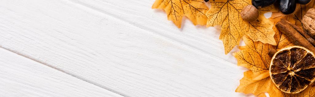 vrchní pohled na podzimní dekoraci na bílém dřevěném pozadí, panoramatický záběr - Fotografie, Obrázek