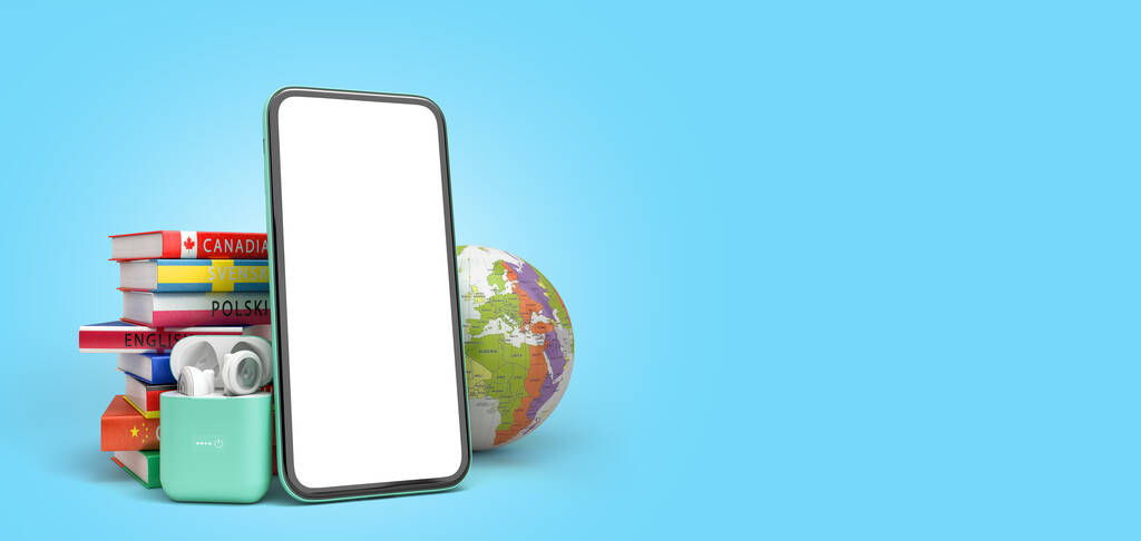 concepto de autoaprendizaje Presentación de la aplicación para el aprendizaje de idiomas extranjeros smartphone con pantalla en blanco y libros 3d render en gradiente azul - Foto, imagen
