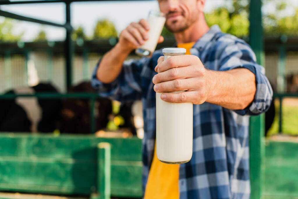 επιλεκτική εστίαση του γεωργού σε καρό πουκάμισο που περιέχει φιάλη και ποτήρι φρέσκο γάλα  - Φωτογραφία, εικόνα