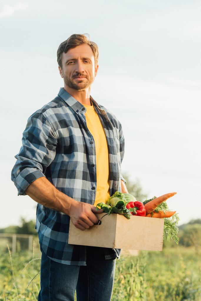 agricultor en camisa a cuadros mirando a la cámara mientras sostiene la caja con verduras maduras - Foto, imagen