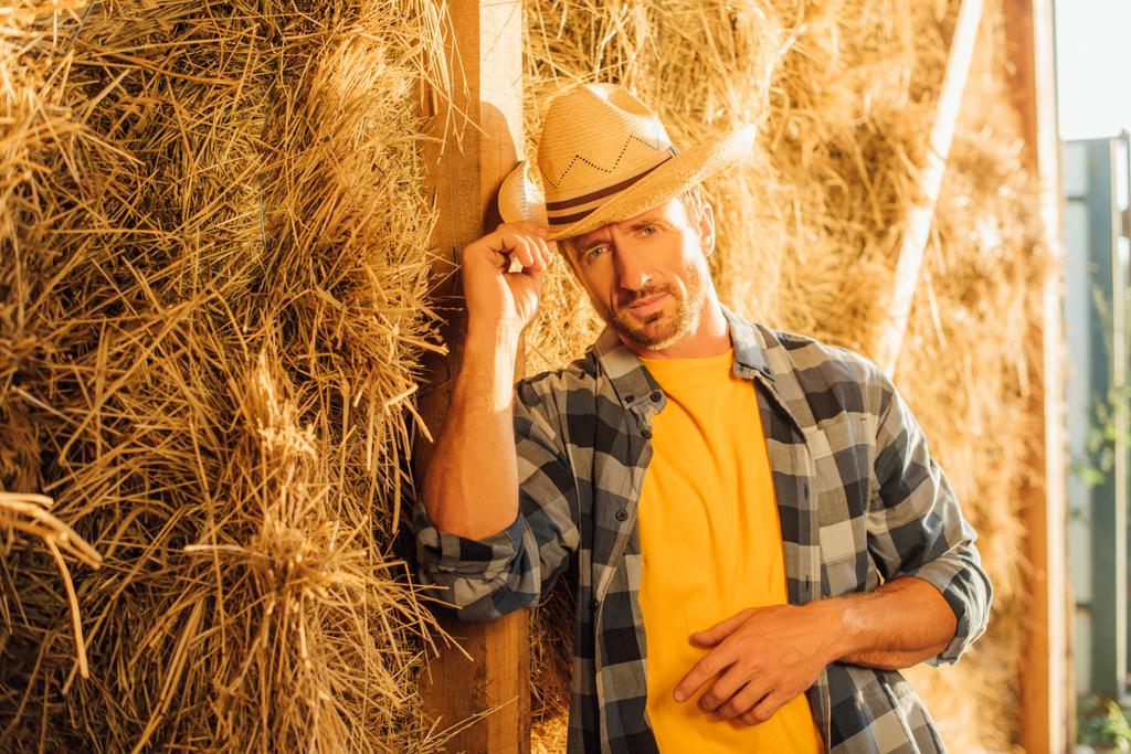 rancher σε καρό πουκάμισο κοιτάζοντας κάμερα και αγγίζοντας ψάθινο καπέλο, ενώ ακουμπά σε άχυρο στοίβα  - Φωτογραφία, εικόνα