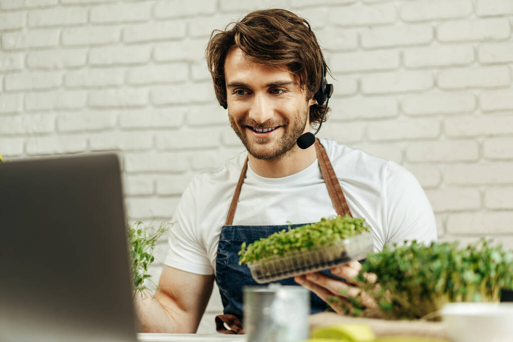 Jóképű szakállas férfi árul növényi csírák és palánták online laptoppal - Fotó, kép