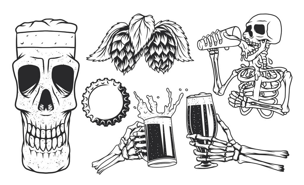 Isoladas ilustrações conjunto de esqueleto mãos com canecas de cerveja, esqueleto beber cerveja, caneca de cerveja crânio, copo e hop. - Vetor, Imagem