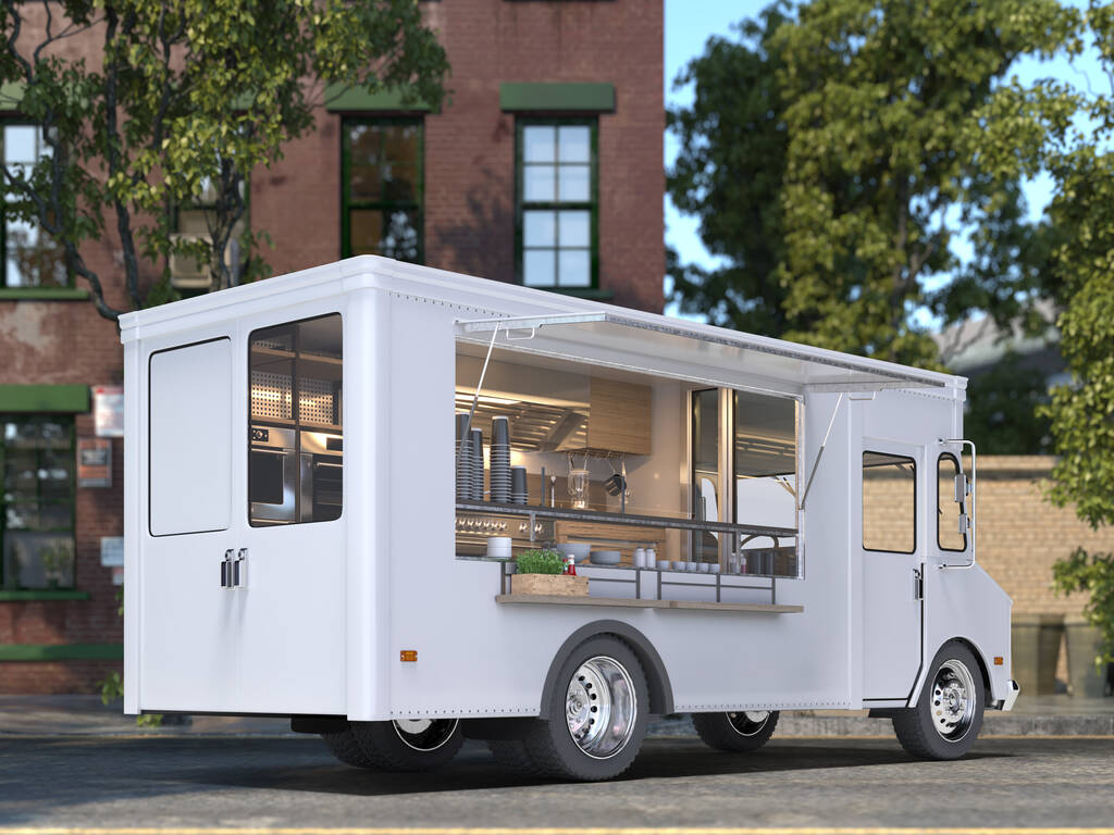 White Realistic Food Truck With Detailed Cozy Interior With Warm Light On Street. Modern Cityscape. Takeaway Food And Drinks. 3d rendering. - Photo, Image