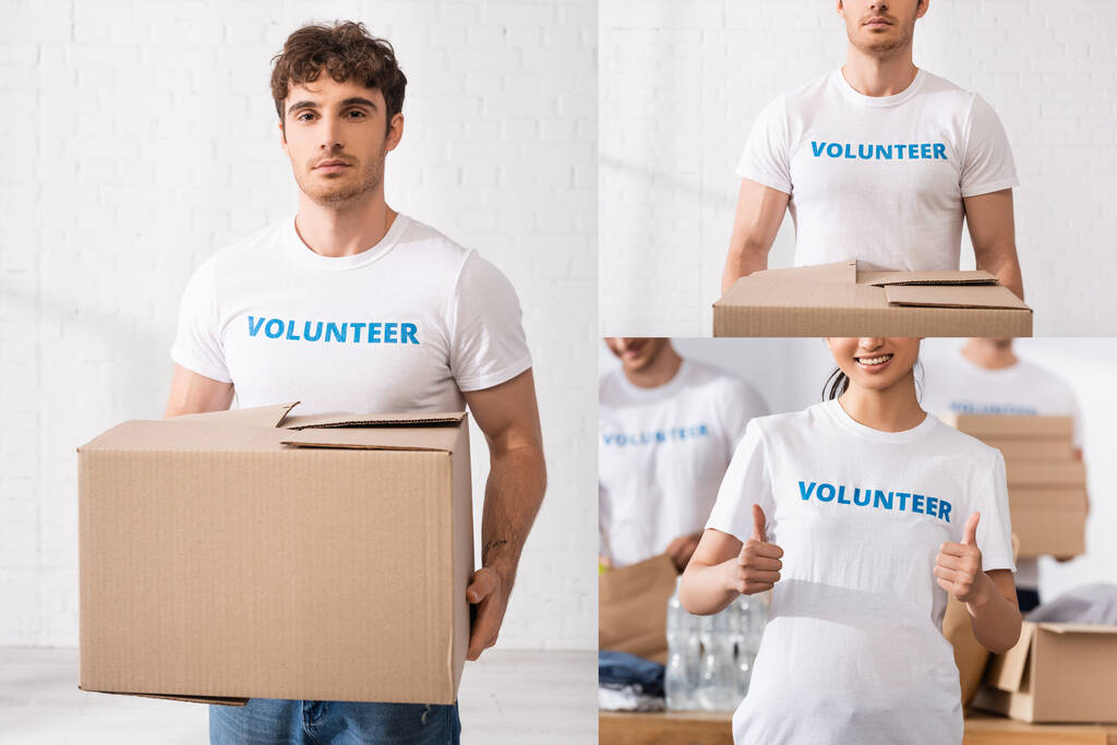 Collage van vrijwilligers die een kartonnen doos vasthouden en duimen laten zien in een liefdadigheidscentrum  - Foto, afbeelding