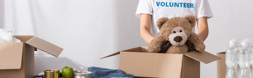 Concepto panorámico de voluntariado poniendo juguete suave en caja de cartón cerca de botellas de agua y latas en el centro de caridad  - Foto, Imagen