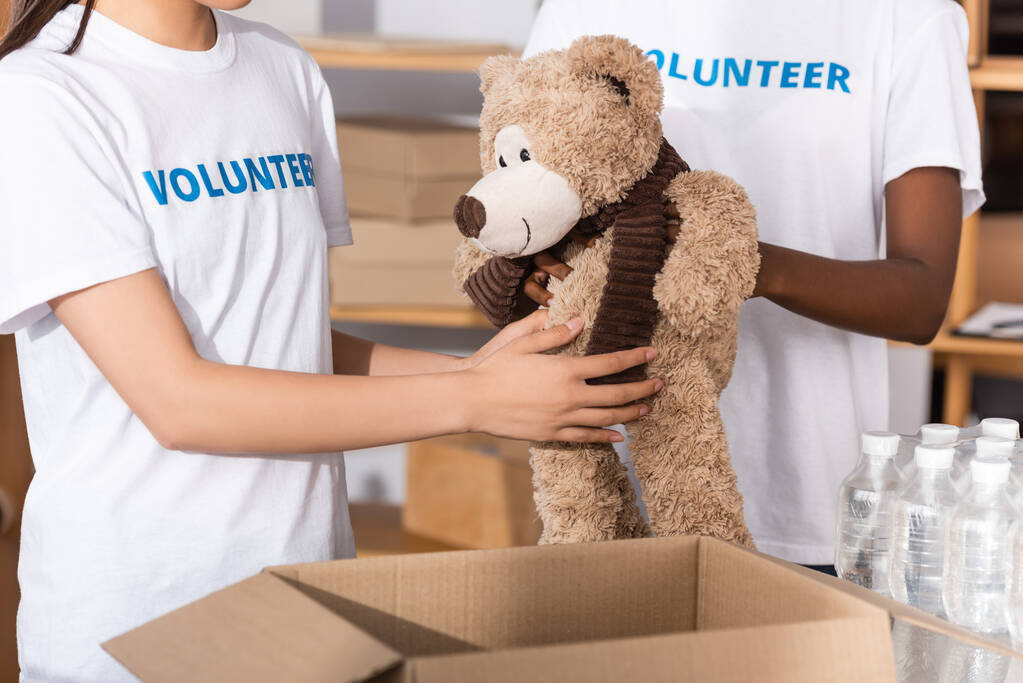 Обрезанный вид мультикультурных волонтеров, держащих мягкую игрушку возле коробки и бутылки воды в благотворительном центре  - Фото, изображение