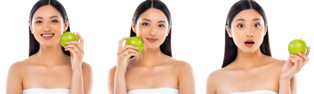 Collage de mujer asiática posando con manzana verde en la mano y cerca de la cara aislada en blanco   - Foto, Imagen