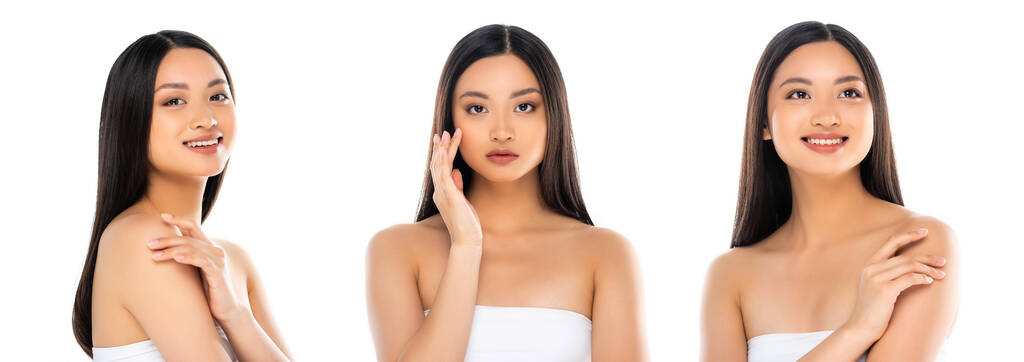 Collage de femme asiatique tenant la main sur l'épaule et touchant visage isolé sur blanc  - Photo, image