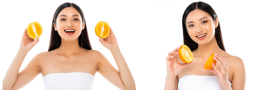 Koláž radostné asijské ženy držící plátky pomeranče v rukou izolovaných na bílém  - Fotografie, Obrázek