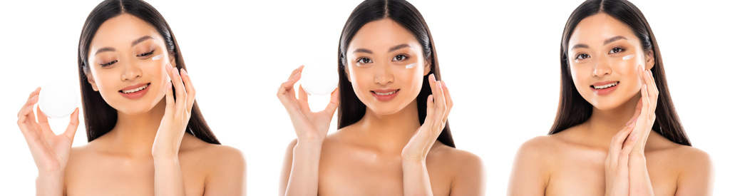 Collage de joven adulto asiático mujer con crema cosmética en la cara aislado en blanco  - Foto, imagen