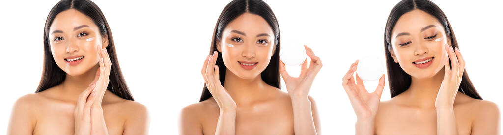 Колаж азіатської жінки наносить косметичний крем на обличчя і торкається обличчя ізольовано на білому
  - Фото, зображення