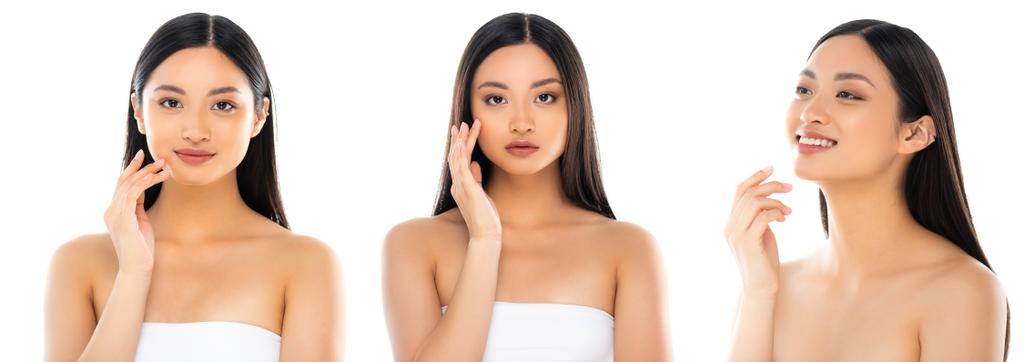 koláž mladé asijské ženy dotýkající se obličeje a při pohledu na kameru izolované na bílém, panoramatický koncept - Fotografie, Obrázek