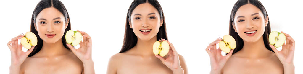 коллаж обнаженной азиатской женщины, держащей яблочные половинки, глядя на камеру, изолированную на белой, горизонтальной концепции - Фото, изображение
