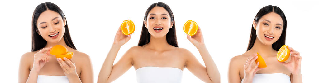 Collage einer emotionalen asiatischen Frau, die in die Kamera blickt, während sie Hälften saftiger Orange isoliert auf weißer, panoramischer Aufnahme hält - Foto, Bild