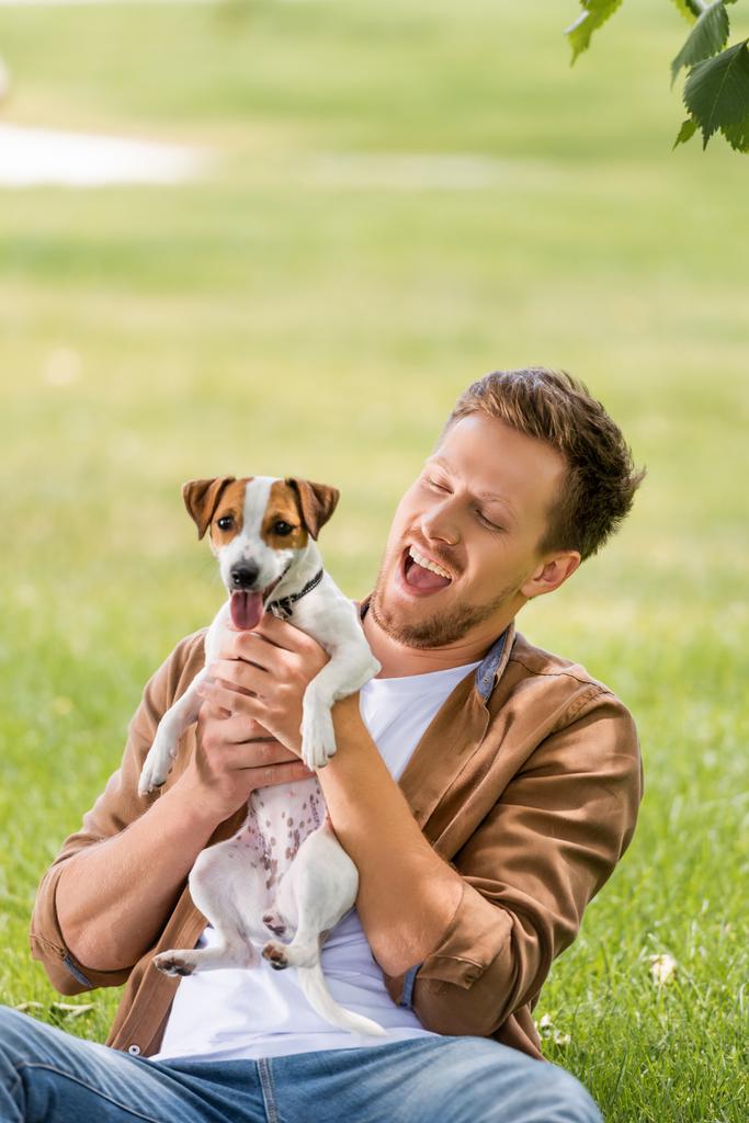 podekscytowany mężczyzna w brązowej koszuli gospodarstwa Jack Russell terrier pies siedząc na zielonym trawniku - Zdjęcie, obraz