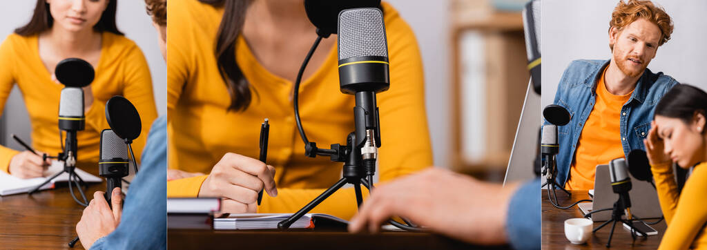 Collage eines Senders, der während eines Interviews mit einem Mann einen Stift hält, und einer aufgebrachten asiatischen Frau in der Nähe eines Radiomoderators im Studio, horizontale Ernte - Foto, Bild