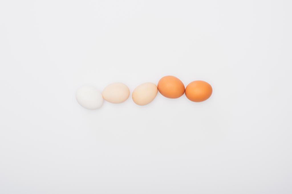 вид сверху свежих куриных яиц, изолированных на белом - Фото, изображение