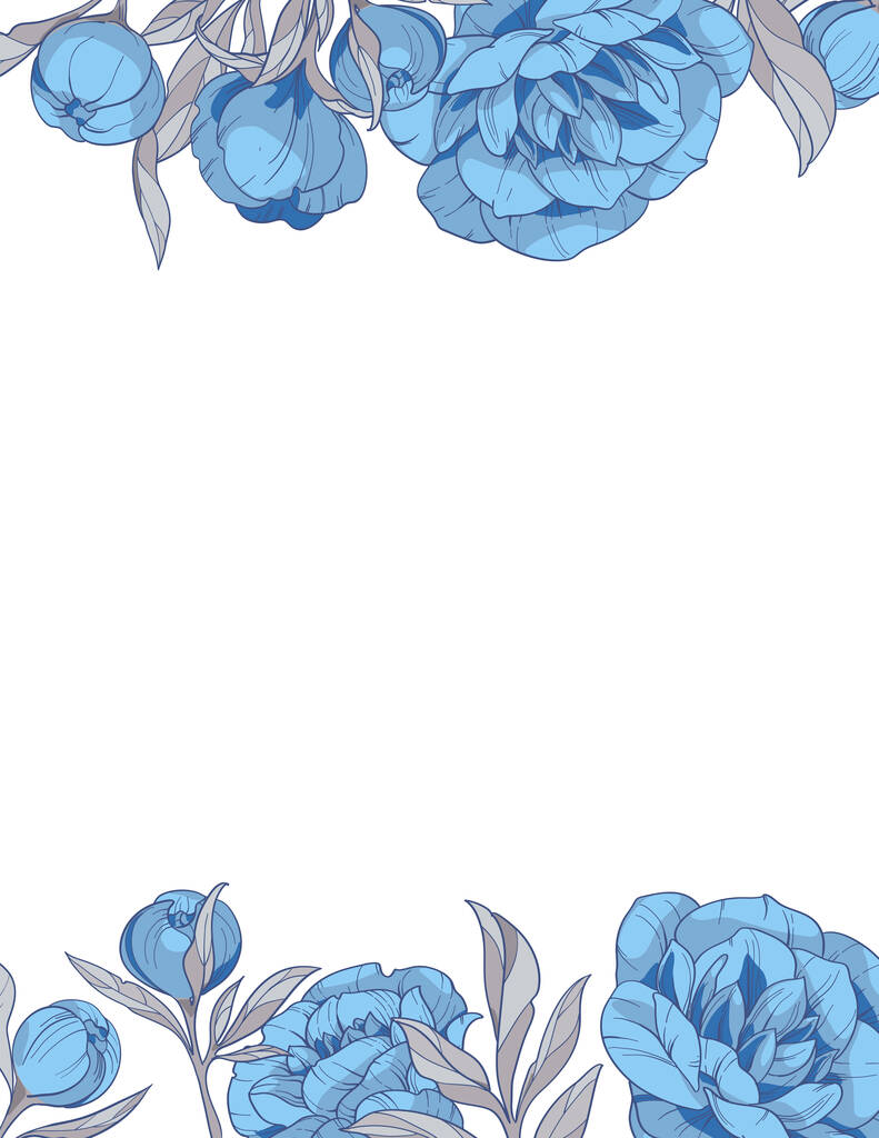 青い牡丹の花の正方形のフレーム、手描きベクトルイラスト。天然化粧品香水ウェディング招待状グリーティングカード - ベクター画像