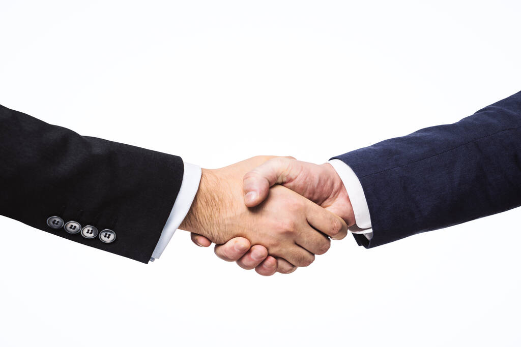 Two businessmen shake hands on a white wall background, deal concept, close up - Photo, Image
