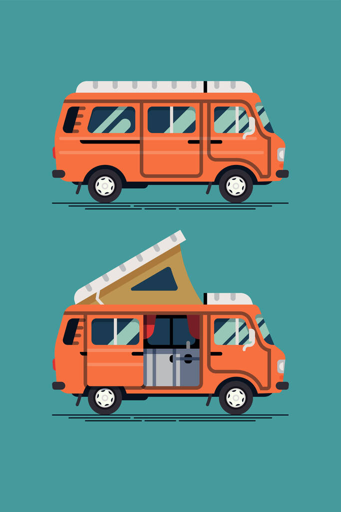 Cool vector camping van elemento de diseño en el diseño plano de moda. Ideal para vacaciones de verano y viaje por carretera aventura temática gráfica, web y diseño de movimiento - Vector, Imagen