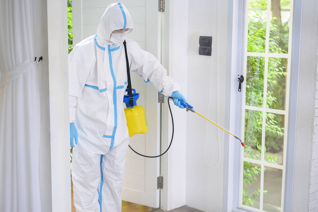 Ένα ιατρικό προσωπικό με στολή PPE χρησιμοποιεί απολυμαντικό σπρέι στο σαλόνι, προστασία Covid-19, έννοια απολύμανσης . - Φωτογραφία, εικόνα