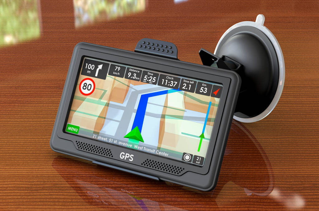 GPS navigační zařízení na dřevěném stole. 3D vykreslování  - Fotografie, Obrázek