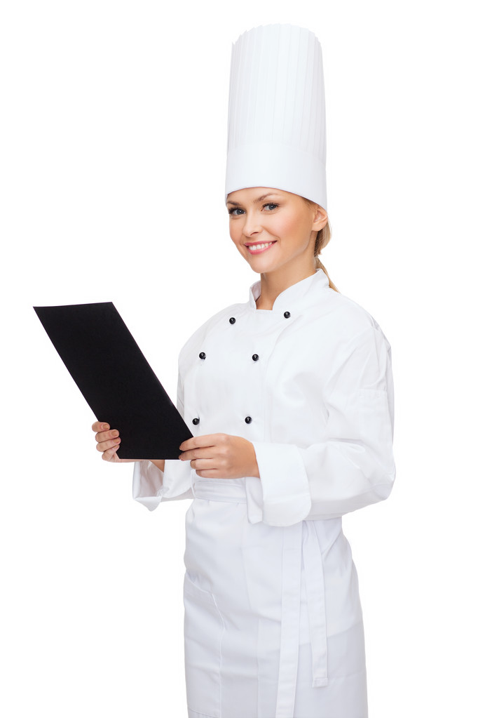 Chef sonriente con papel en blanco negro
 - Foto, Imagen