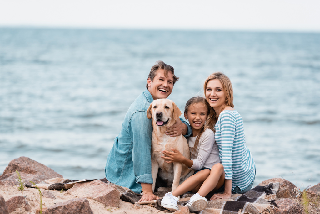 A család szelektív fókusza a fényképezőgépre, miközben a golden retrievert a tengerparton simogatja  - Fotó, kép