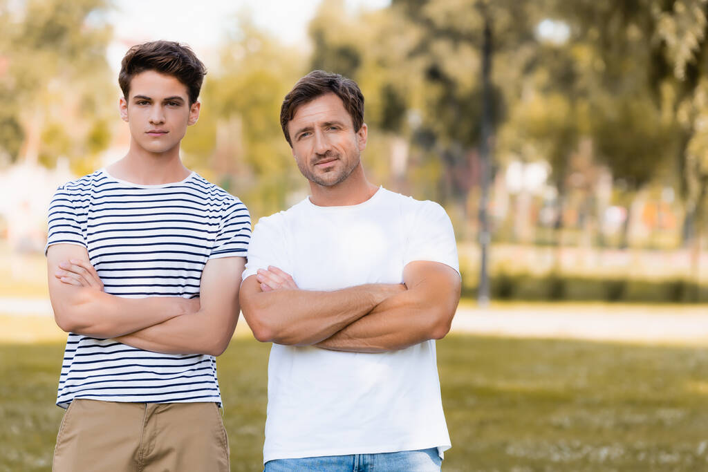 father and teenager son standing with crossed arms in park - Photo, Image