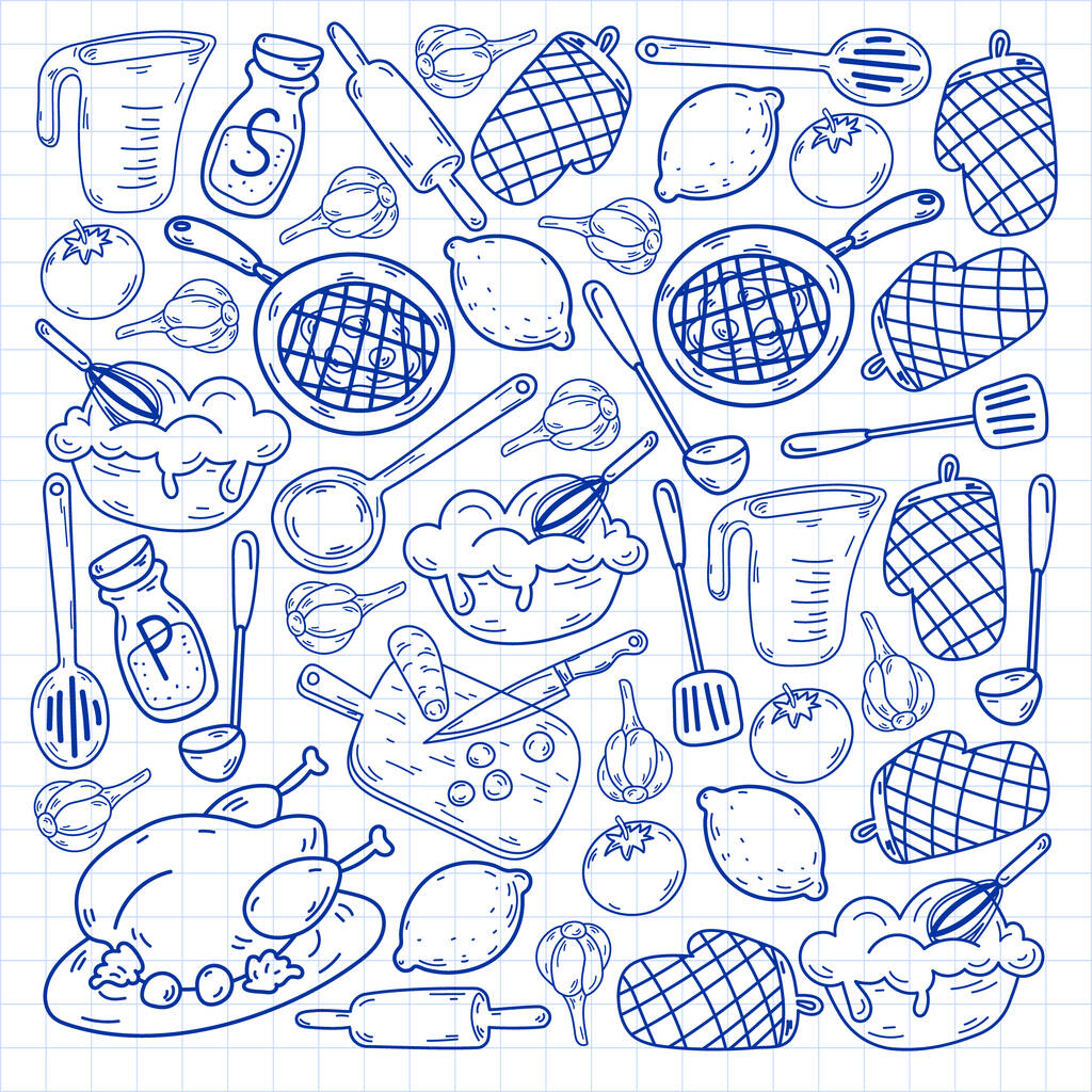 Vector schets achtergrond met keukengerei, groenten, koken, producten, keukengerei. Levenselementen. - Vector, afbeelding