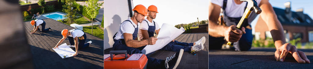 Kollaasi rakentajat tarkastellaan suunnitelma ja korjaus katto rakennuksen  - Valokuva, kuva