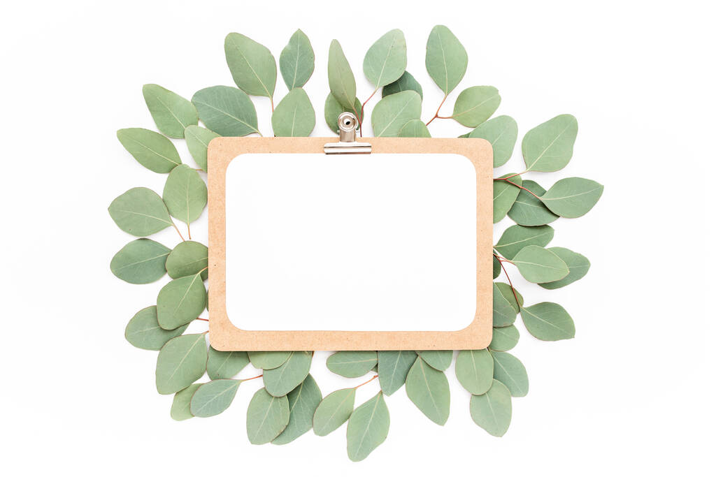 Frame - klembord versierd met takken van eucalyptus, geïsoleerd op een witte achtergrond. plat, bovenaanzicht - Foto, afbeelding