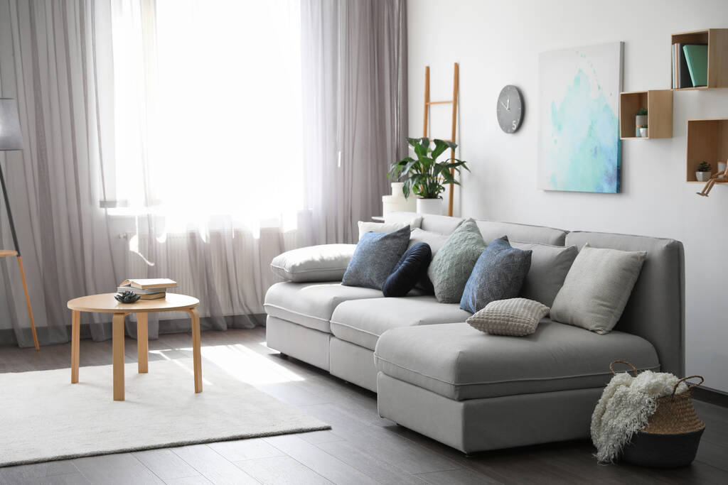 Elegantní obývací pokoj s pohodlnou pohovkou u okna. Návrh interiéru - Fotografie, Obrázek