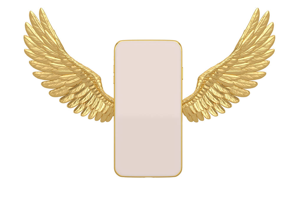 Gouden vleugels met smart phone Geïsoleerd Op witte achtergrond, 3D render. 3D illustratie. - Foto, afbeelding