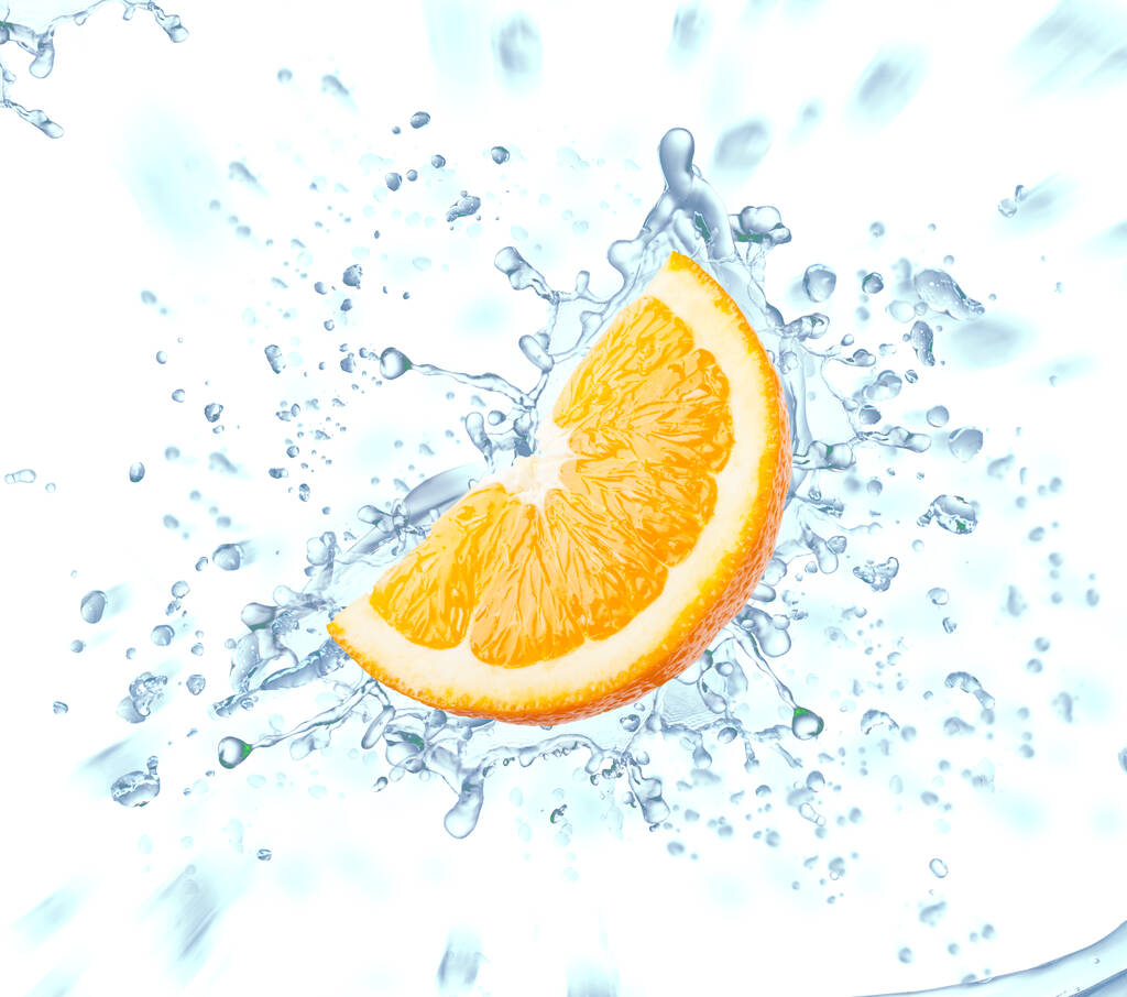 Beyaz arkaplanda izole edilmiş portakal dilimi ve mavi su spreyi. - Fotoğraf, Görsel
