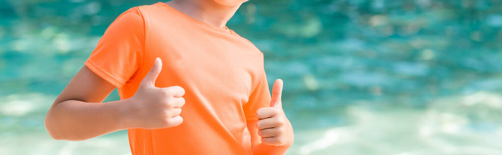 обрезанный вид мальчика в оранжевой футболке, показывающий большие пальцы вверх, заголовок сайта - Фото, изображение