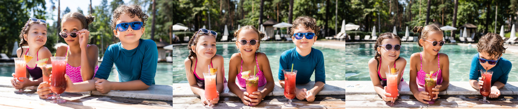 collage de chicas y niños en gafas de sol con cócteles de frutas frescas cerca de la piscina, imagen horizontal - Foto, Imagen