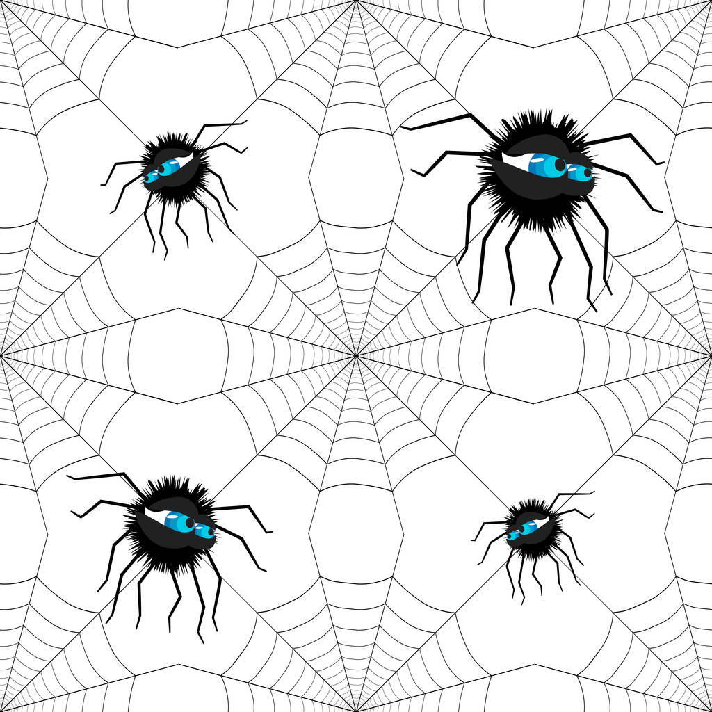 白い背景の網のシームレスなパターンのクモはシームレスに繰り返されます。ネットでクリエイティブ不気味な背景。白い背景にハロウィンクモの巣と黒いクモ。ストックベクトルイラスト - ベクター画像