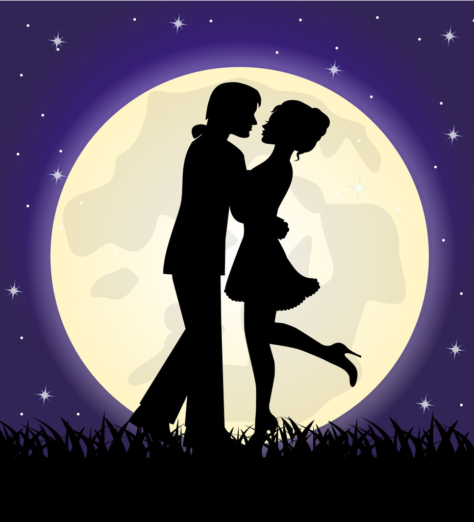 silhouetten van een liefdevol paar staan voor de maan - Vector, afbeelding
