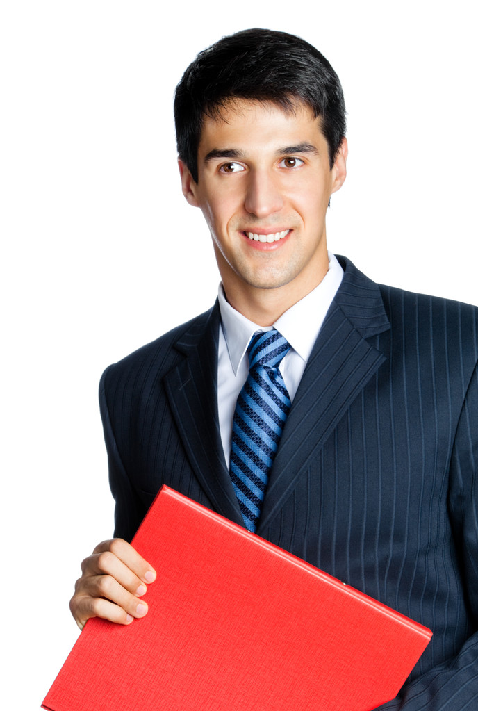 Uomo d'affari sorridente con cartella rossa, isolato su bianco
 - Foto, immagini