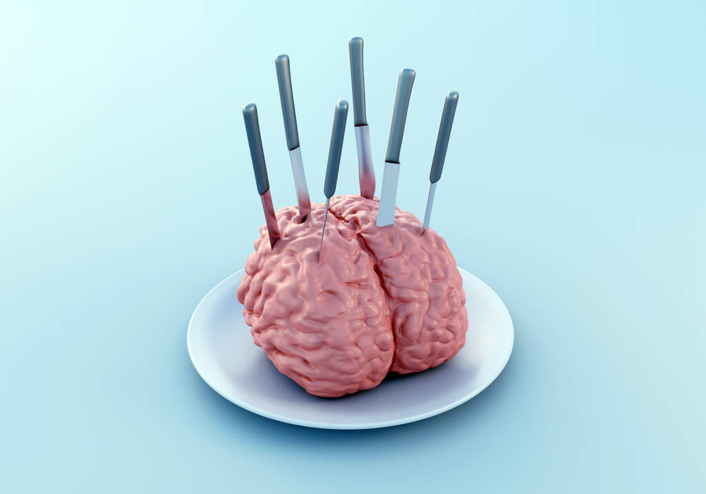 Людський мозок на тарілці з ножами в ній, людський мозок як їжа, зловживання, любовні відносини або мозковий штурм, 3d ілюстрація
 - Фото, зображення