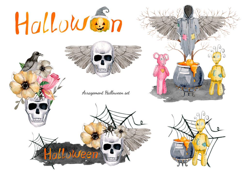 Akvarel Halloween ilustrační set pro blahopřání, design, pozvání, banner. - Fotografie, Obrázek