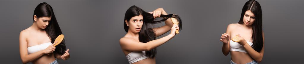 collage of worried and shocked brunette woman brushing hair isolated on black, panoramic shot - Photo, Image