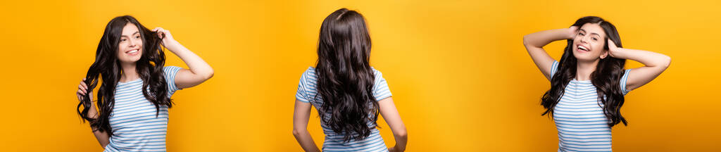 collage di donna bruna che indurisce i capelli lunghi ricci e sorride isolato sul giallo, colpo panoramico - Foto, immagini