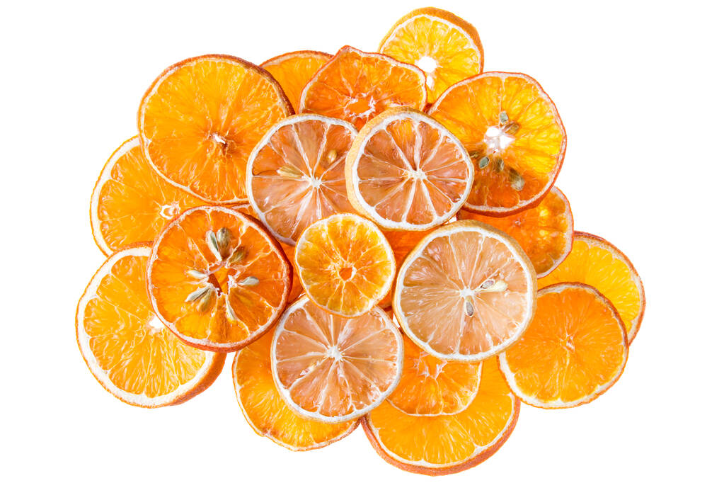 Dried orange and lemon slices from above, isolated on white background - Photo, Image